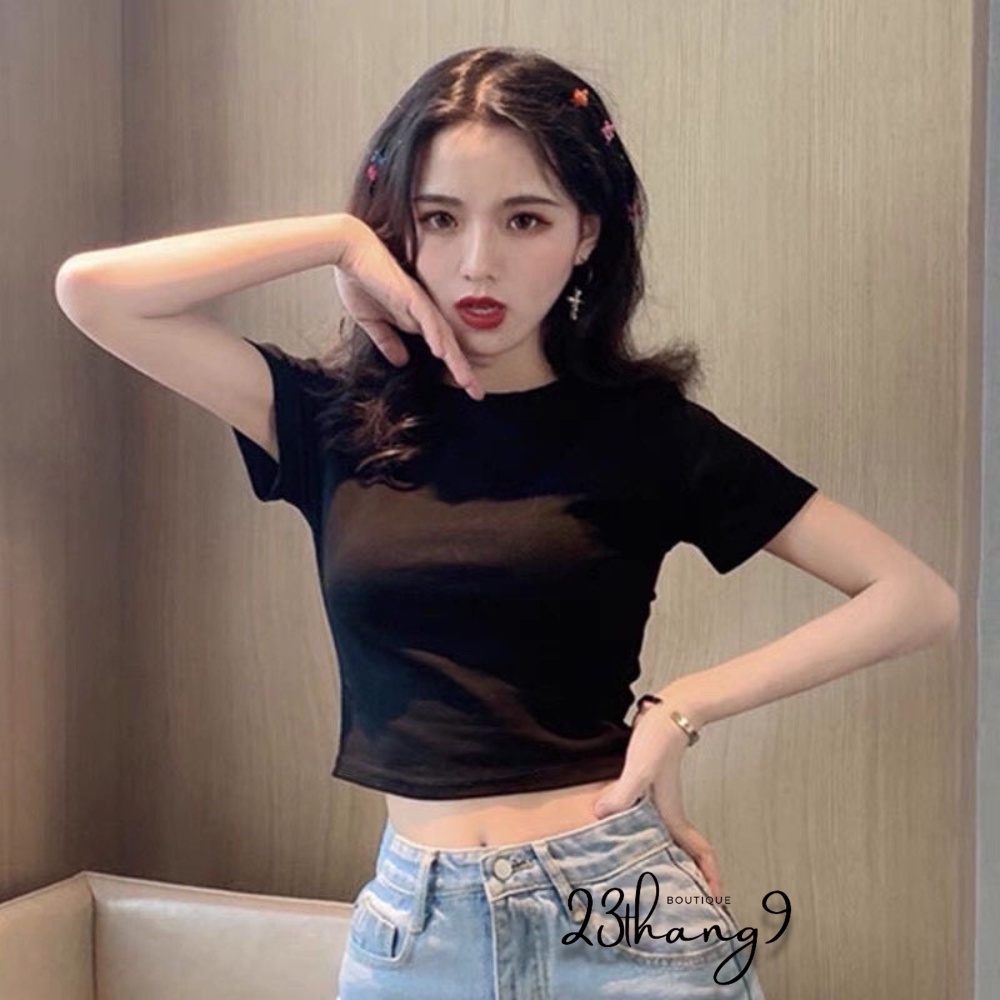 Áo croptop nữ cổ tròn áo ôm body tay ngắn chất vải dày dặn croptop trơn dáng basic đen trắng cá tính sexy 23thang9