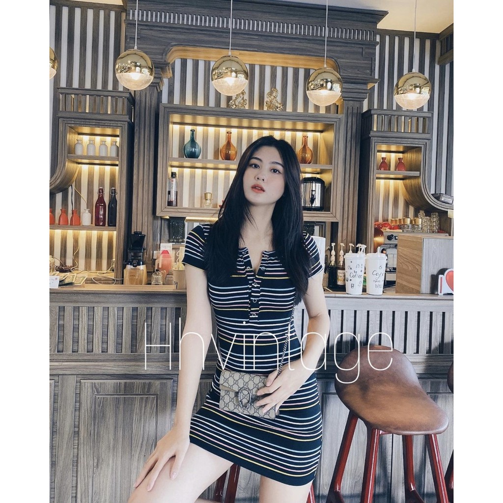 Đầm body nữ tay ngắn HHVINTAGE kiểu bấm nút thun co giãn Dress A15