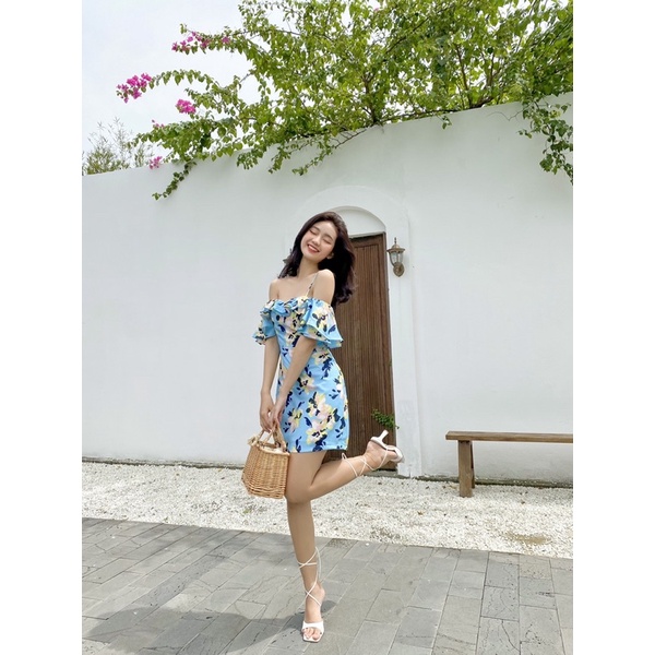 Đầm linen hoa bẹt vai