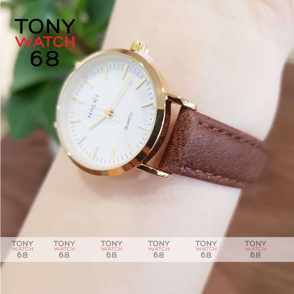 Đồng hồ cặp đôi nam nữ Halei dây da chống nước chính hãng viền mạ vàng Tony Watch 68 | BigBuy360 - bigbuy360.vn