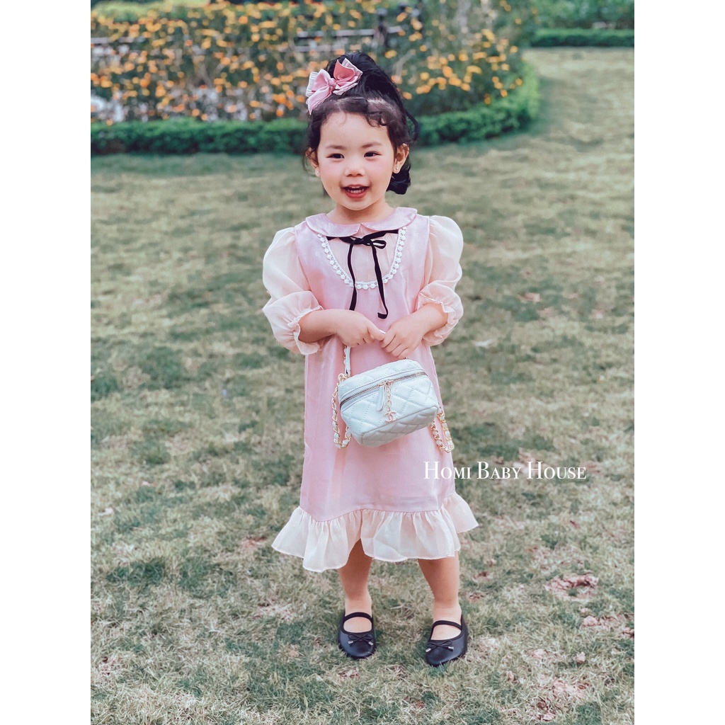 Đầm công chúa HOMI BABY HOUSE váy bé gái công chúa tay dài nơ đen màu hồng/vàng
