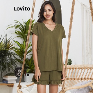 113XJ 16de-Set quần áo Lovito cổ V màu trơn phối viền xếp nếp L02127 (màu xám/ màu xanh lục)