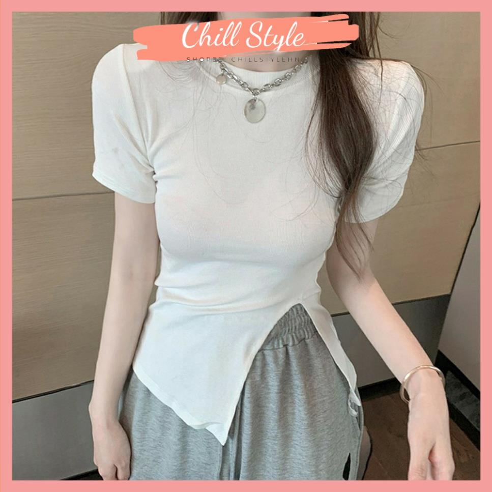 Áo phông nữ cộc tay vạt chéo xẻ tà ulzzang CHILLSTYLE A01