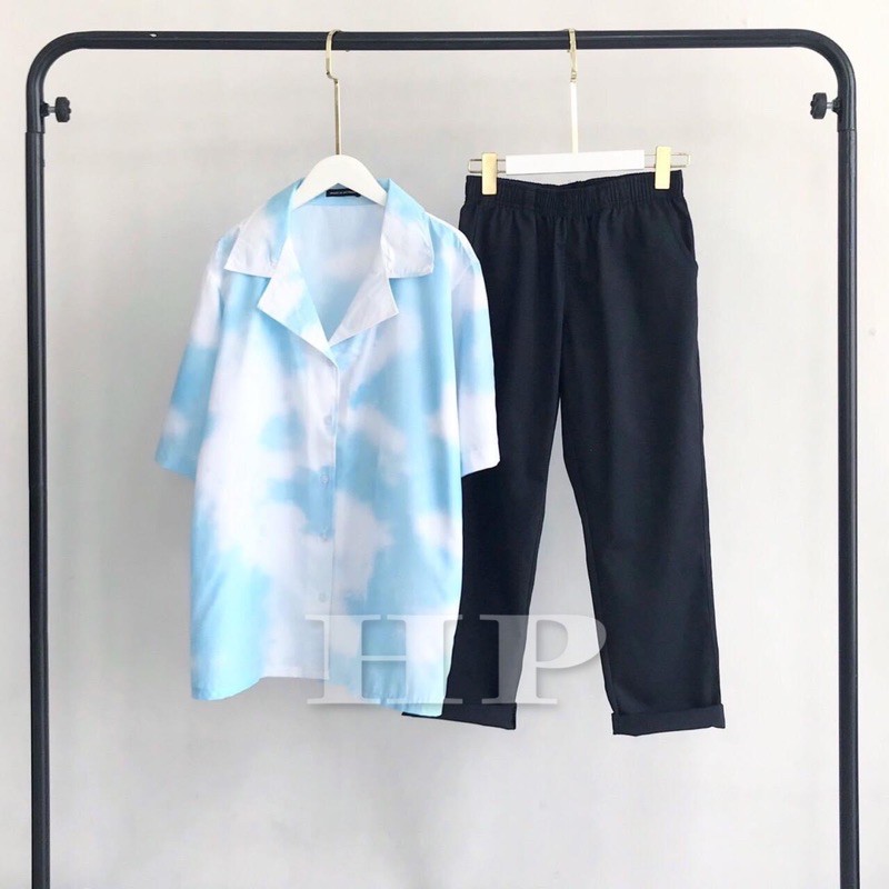 Sét áo sơ mi loang + quần kaki đen DV7