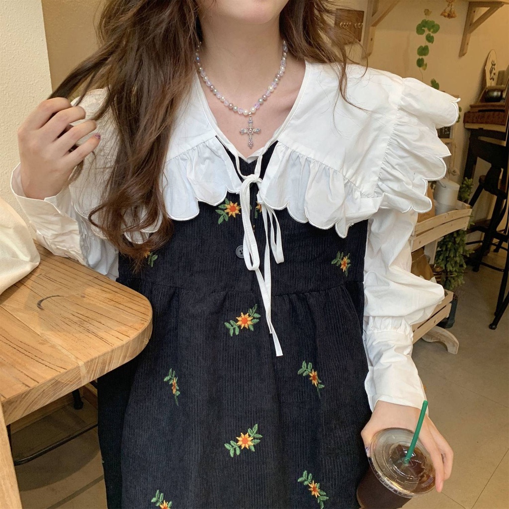 Váy yếm Đầm Hoa Nhỏ Không Tay + Áo Sơ Mi Cổ Búp Bê Dáng Rộng Phong Cách Mới Mùa Thu 2021