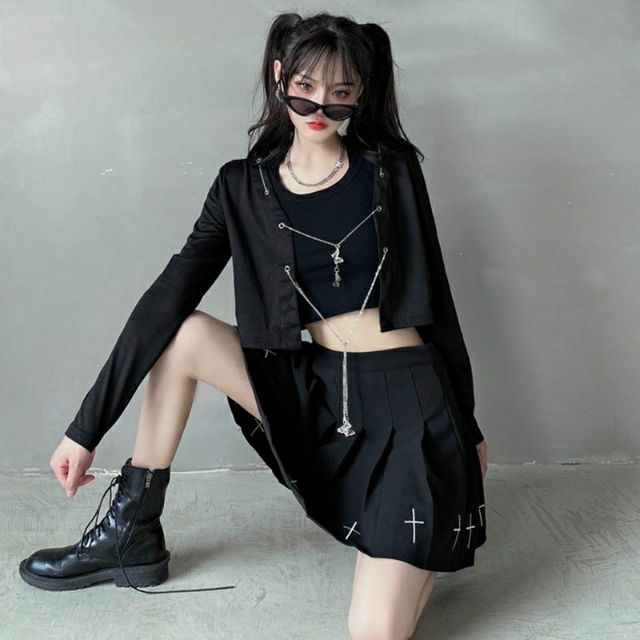 (Sẵn S) Áo thun cardigan croptop phối xích bươm bướm phong cách ulzzang trẻ trung cá tính