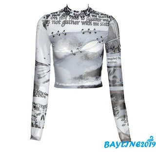 Bay-áo Crop Top dài tay thường ngày dành cho nữ in hình thời trang nửa cổ cao rỗng lộ rốn Slim Fit Top