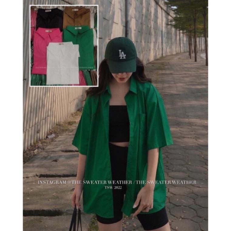 [NEW] [Hàng Sẵn, Ảnh Thật] Áo Sơ Mi Trơn Cộc Tay 1 Túi Ngực Form Rộng Dáng Unisex Rubystore Màu Xanh Lá Hottrend 2022