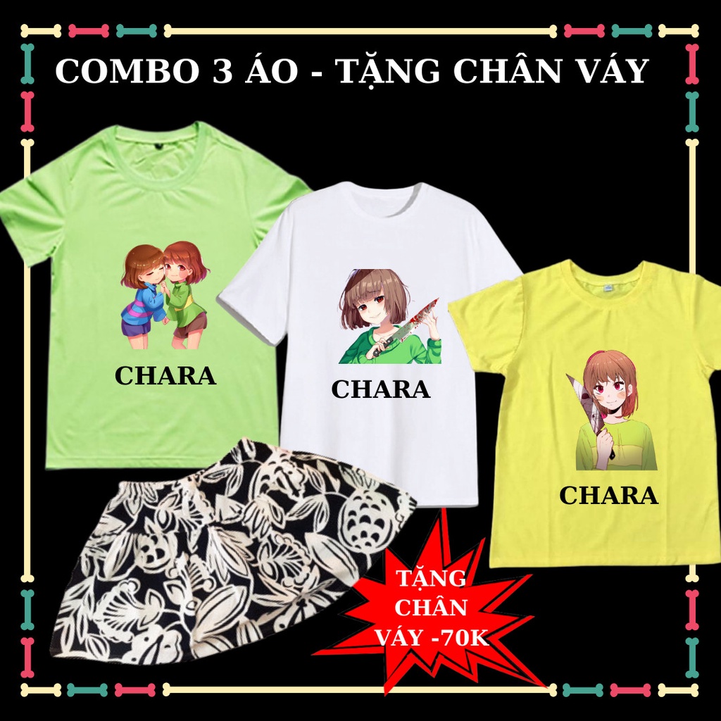 Tặng chân váy bé gái trị giá 70k- Combo Áo Chara, Sans, Hero Team, Baby Shark tay ngắn cho trẻ em