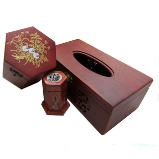 Bộ 3 món gỗ hương chạm khắc cao cấp, hộp đựng giấy ăn, hộp đựng trà, lọ đựng tăm.