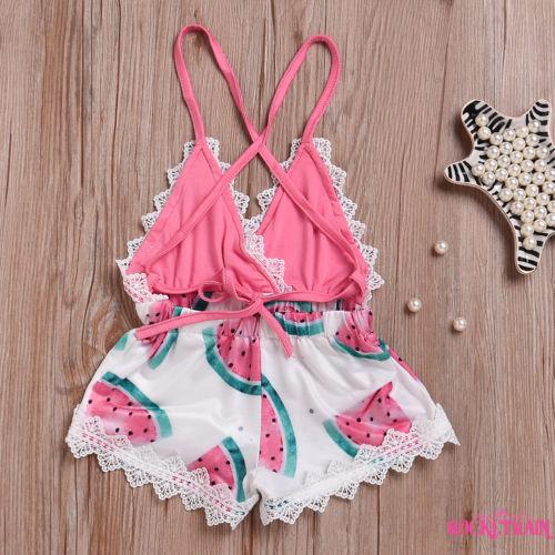 Bộ đồ liền thân 2 dây hở lưng họa tiết dưa hấu dành cho bé gái