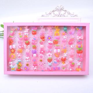 Bộ 100 chiếc nhẫn hở bằng nhựa resin kiểu dáng hoạt hình dành cho trẻ em kèm hộp đựng