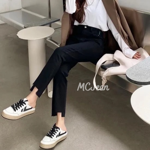 Quần bò nữ ống đứng cạp cao co dãn màu đen MCJean