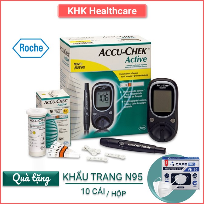 Máy đo đường huyết Accu Chek Active tặng kèm que thử, kim lấy máu Thương hiệu Đức Chính hãng