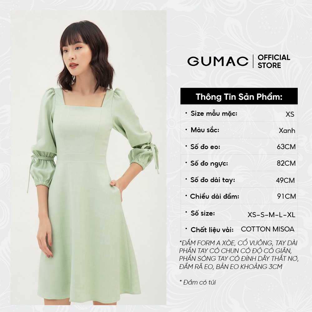 Đầm xòe nữ tay lỡ cổ vuông tay nơ GUMAC màu xanh trơn, trẻ trung, thanh lịch DB381 | BigBuy360 - bigbuy360.vn