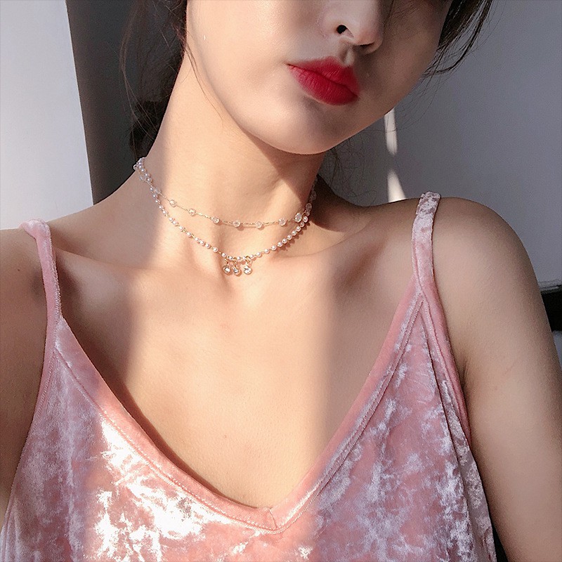 Vòng cổ chocker TOBI STORE chuỗi hạt pha lê và ngọc trai nhân tạo ấp lánh 02 tầng TB267