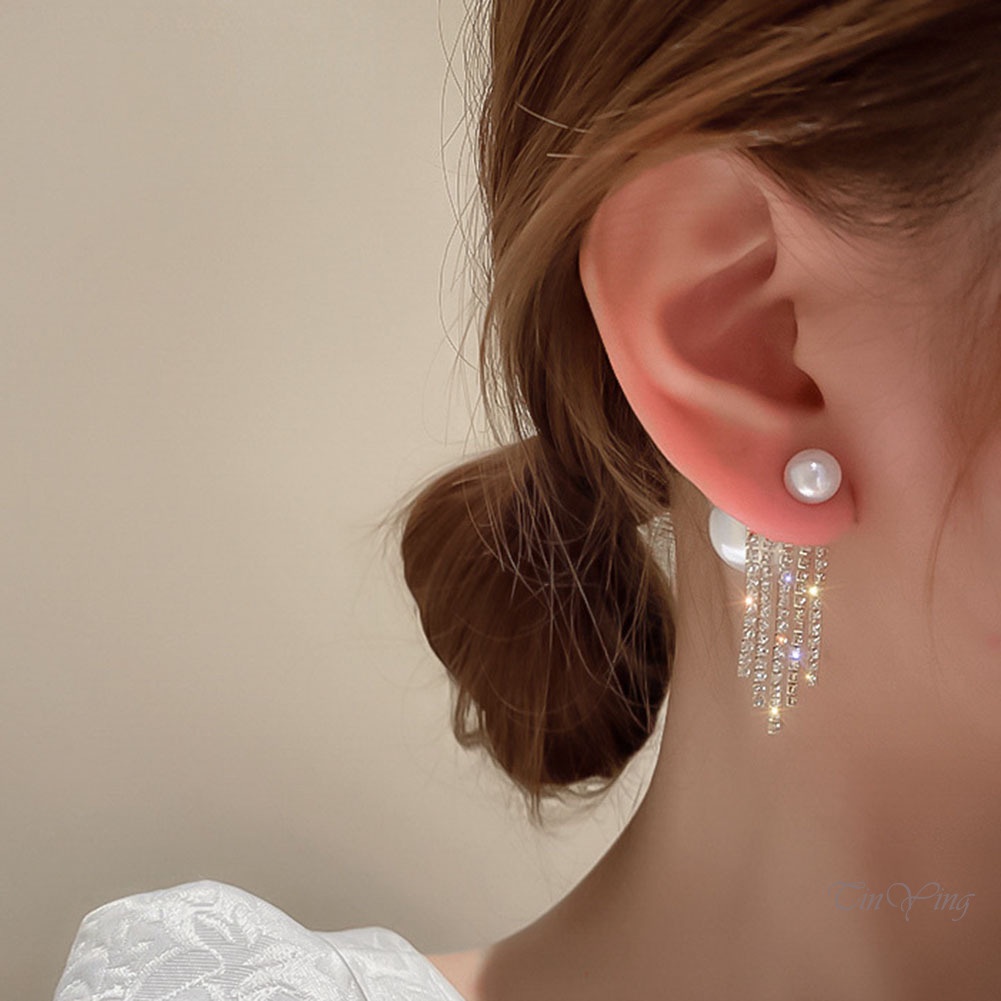 GETNOIVAS Bông Tai Mạ Bạc 925 Đính Đá Phối Tua Rua 2 Chiều Chống Dị Ứng Hợp Thời Trang