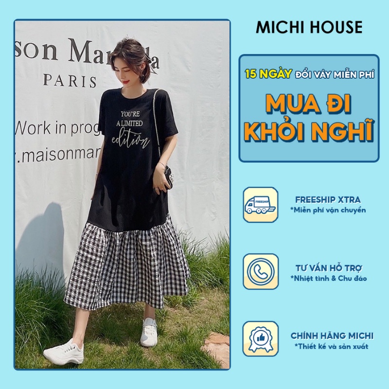 Đầm Thun Đen Dáng Suông Đuôi Cá MICHI House Váy Xuông Thiết Kế Màu Đen Cotton Phối Chân Váy Kẻ Phom Rộng Bigsize V407