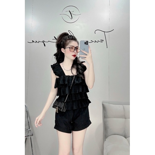 Set xếp ly đùi 3 tầng quần ngắn màu trơn chất lụa