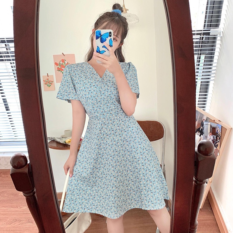 IELGY  Đầm Hoa Chuông Nhỏ Cổ Chữ V Siêu Mỏng Mùa Hè Kiểu Pháp