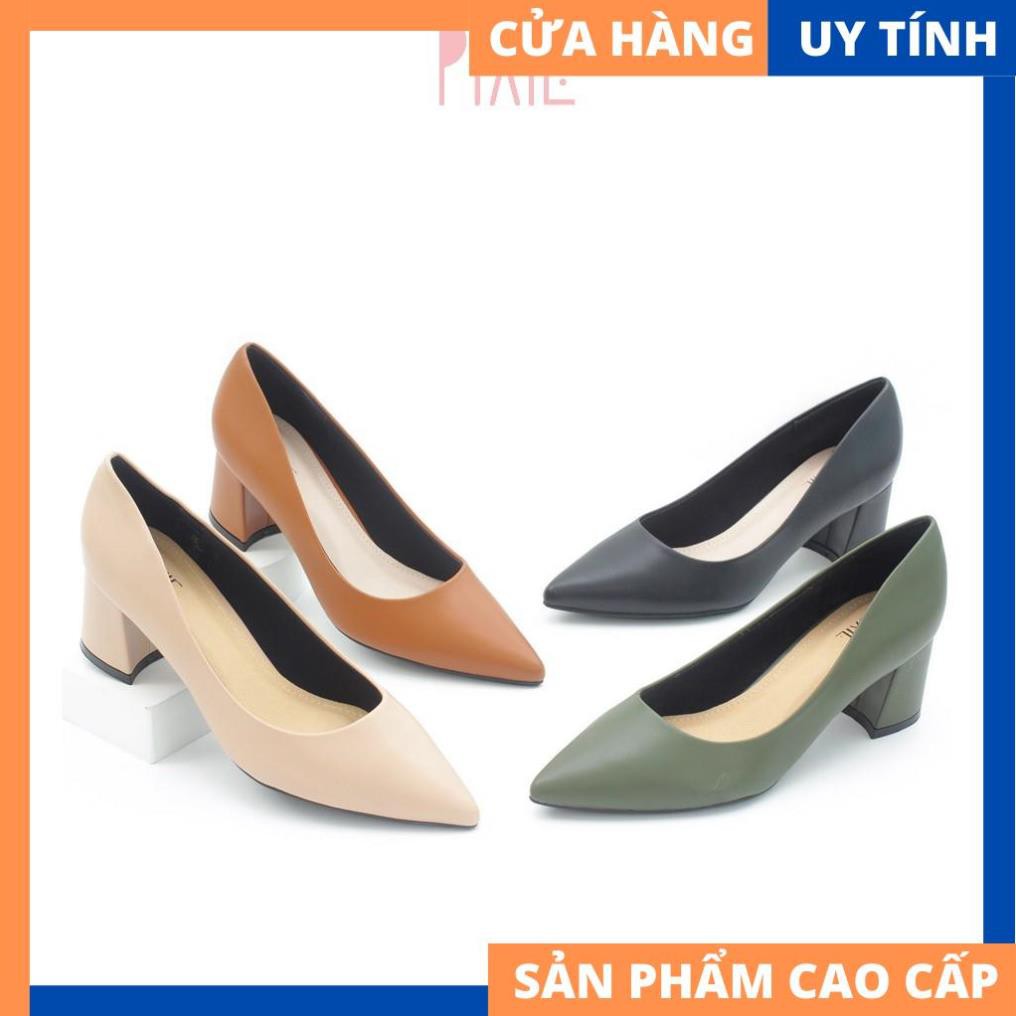 Giày Cao Gót Đế Vuông 5cm Mũi Nhọn Basic Màu Kem Cao Cấp P055