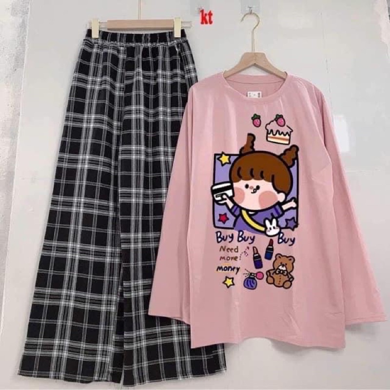 Set Bộ Áo Cô Gái Buy Buy Dài Tay Kèm Quần Kẻ