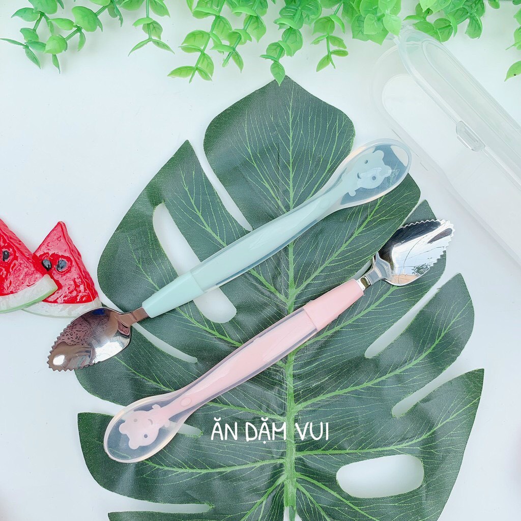 Thìa muỗng nạo nhỏ hoa quả có hộp đựng cho bé ăn dặm 2 đầu silicon và inox 304