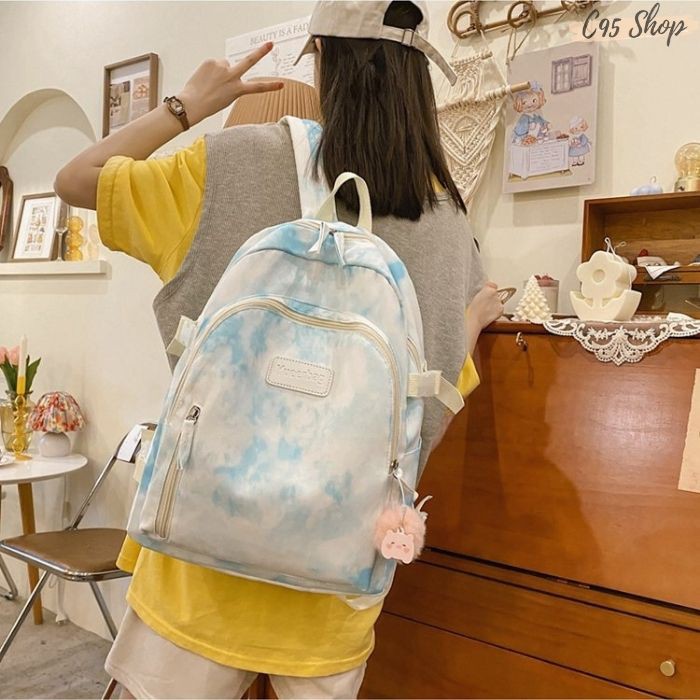 [ Tặng móc khóa gấu TEDDY nâu ] Balo nữ thời trang vải canvas màu loang chống thấm nước hot trend, B003