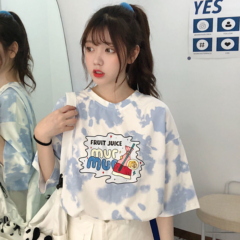 Áo thun nữ BH tay ngắn dáng rộng họa tiết nhuộm màu loang thời trang phong cách Hàn Quốc