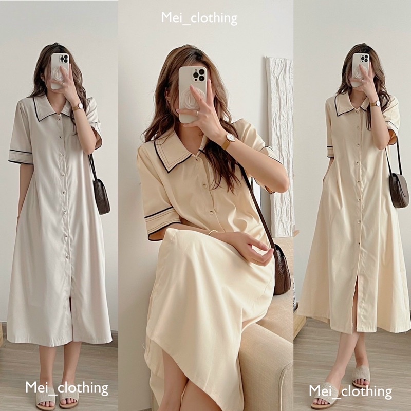 Váy sơmi viền chỉ dáng dài phong cách Hàn Quốc