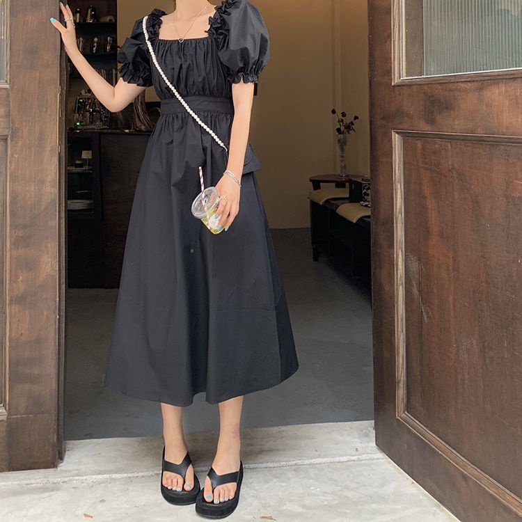 Đầm Chữ A Tay Ngắn Phồng Cổ Vuông Dáng Ôm Thời Trang Cho Nữ