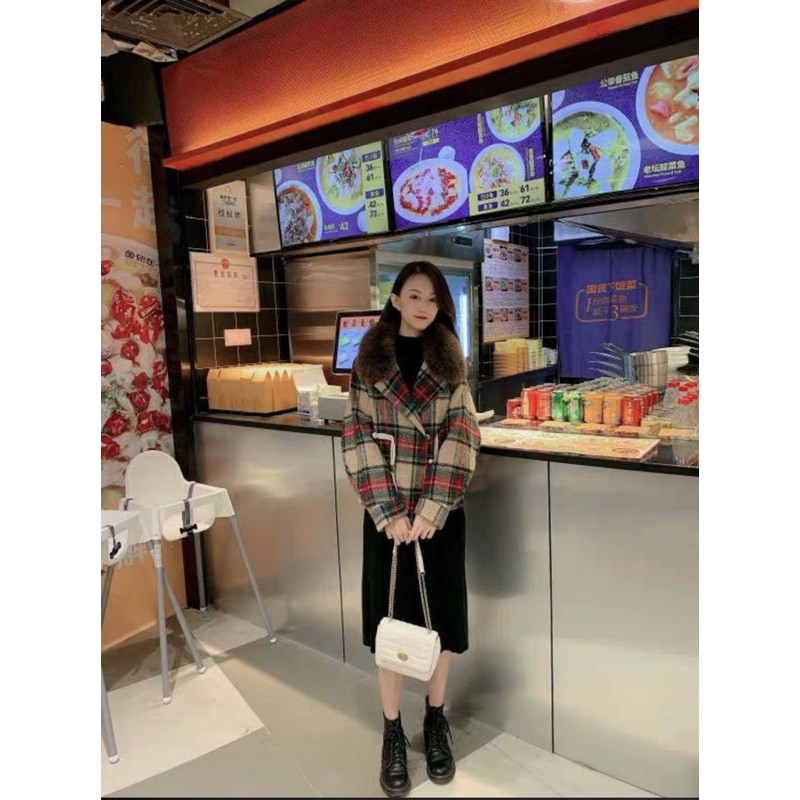 Áo khoác dạ kẻ cổ lông TQXK