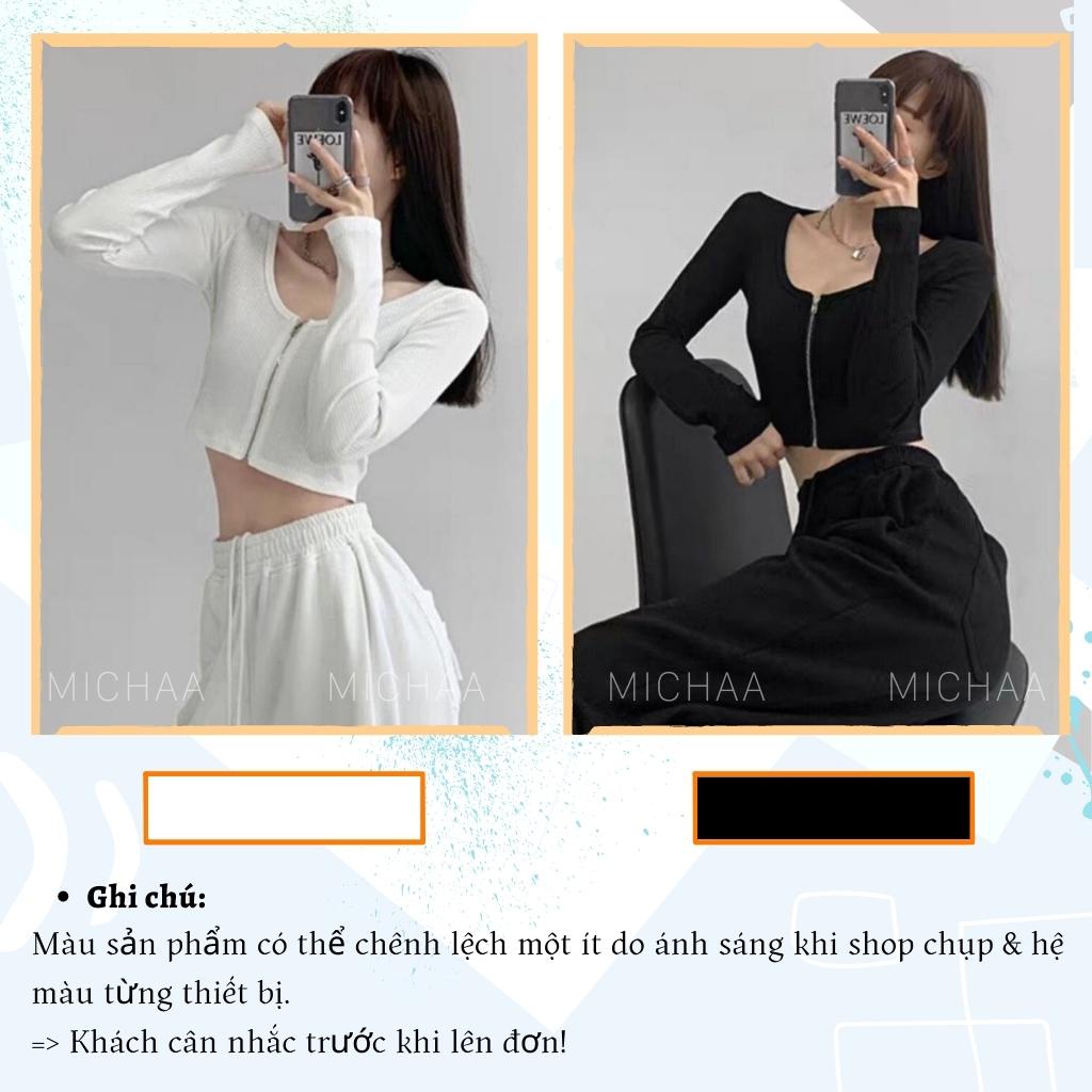 Áo Croptop Tay Dài DÂY KÉO NGỰC Nữ Thun Gân Ulzzang Kiểu Cổ Vuông Đẹp Ôm Body - MICHAA