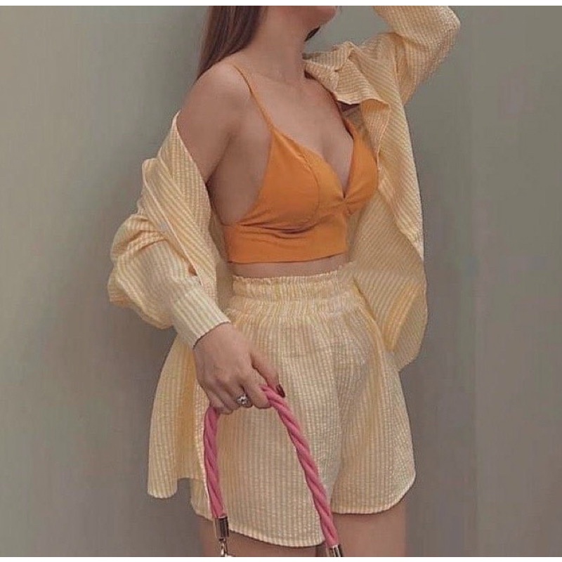Set khoác sơ mi sọc + bra 2s + short sọc