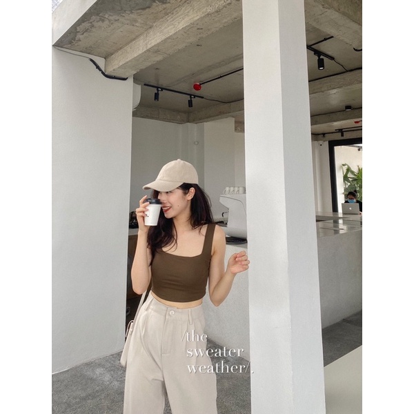 Áo hai dây bản to croptop có sẵn đệm mút, áo bra nâu be đen ( Ảnh thật )