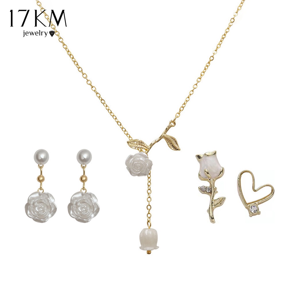 Vòng cổ / đôi khuyên tai 17KM hình hoa tulip đính ngọc trai giả thanh lịch