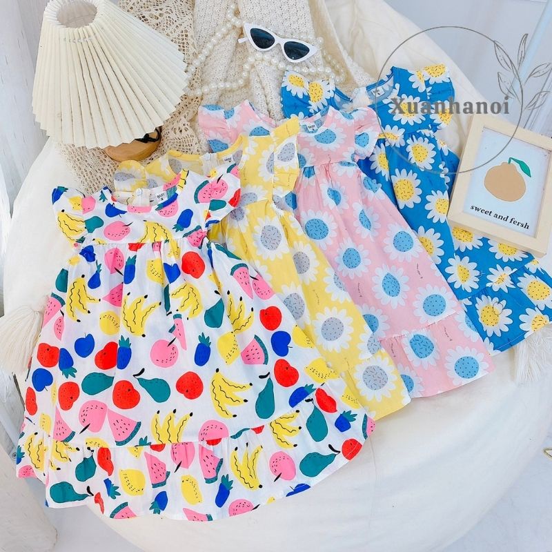 Váy bé gái hoa hướng dương tay hến sắc mầu XHN960