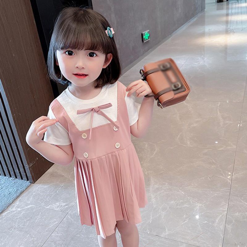 Đầm công chúa ngắn tay xếp ly màu trơn phong cách Hàn Quốc thời trang hè cho bé gái