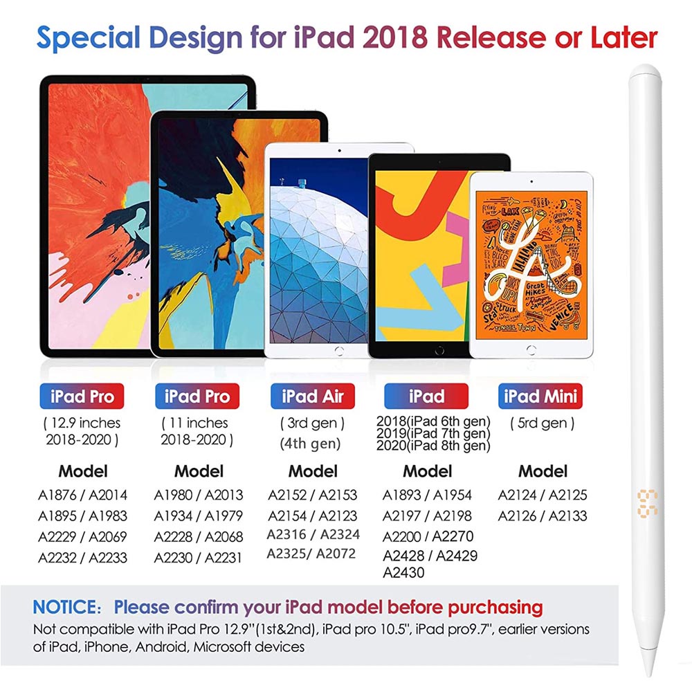 Bút cảm ứng Stylus Pen Gen 18 - Chức năng chống chạm màn hình, vẽ nét nghiêng, thân bút từ tính tương thích với iPad