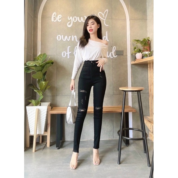 quần jeans ôm đen trơn, xanh siêu cao co giãn tốt, hình thật 100%