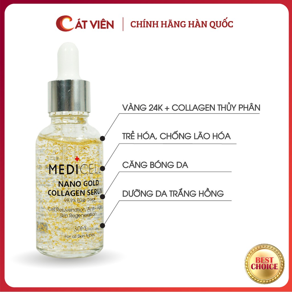 Serum dưỡng trắng da, chăm sóc da, mờ thâm, trẻ hóa, căng bóng mướt mịn Nano Gold Collagen Medicell Hàn Quốc