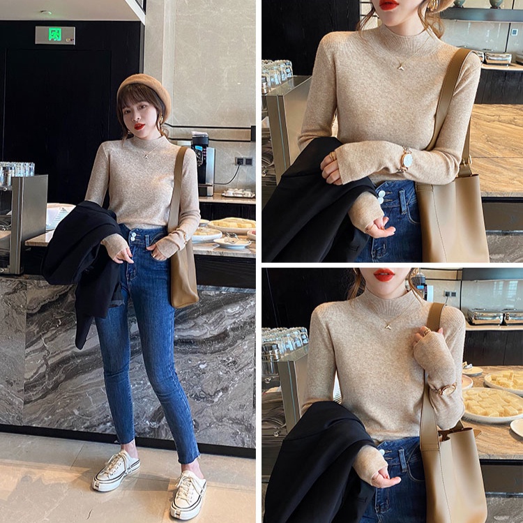 Áo Sweater Dệt Kim Cổ Cao Tay Dài Dáng Ôm Màu Đen Thời Trang Thu Đông Cho Nữ