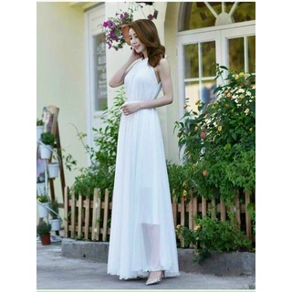 Đầm maxi suông cổ yếm cột eo hình thật