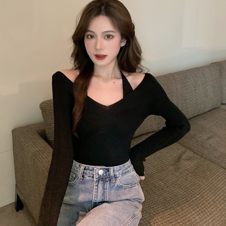 SUXI Áo dây dệt kim dài tay màu trơn thời trang Hàn Quốc cho nữ