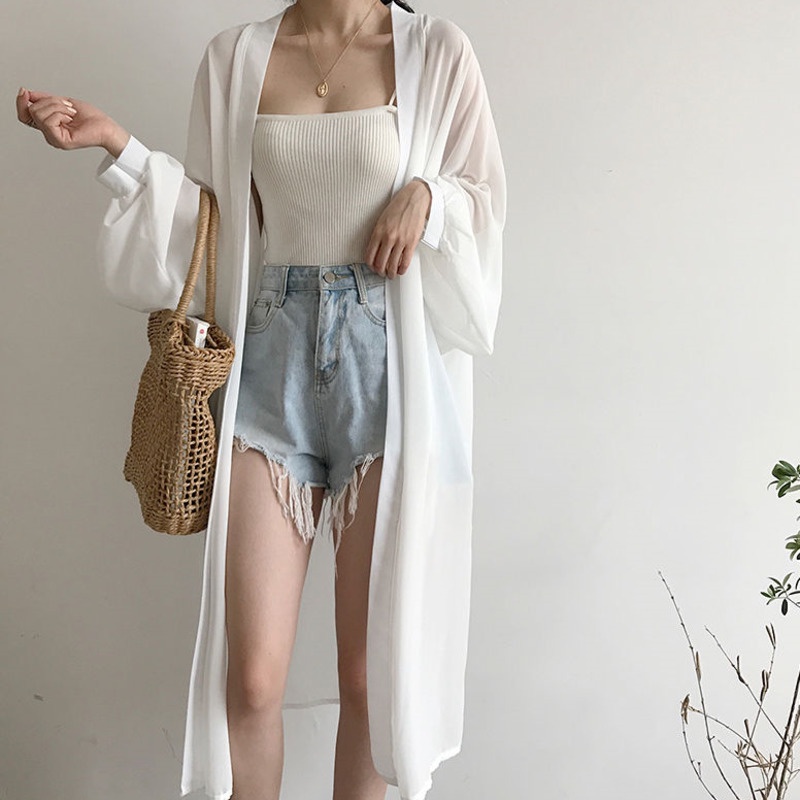Áo sơ mi chiffon RENJIANVSHENG 153417 mỏng dáng rộng màu trắng dài tay thời trang sành điệu