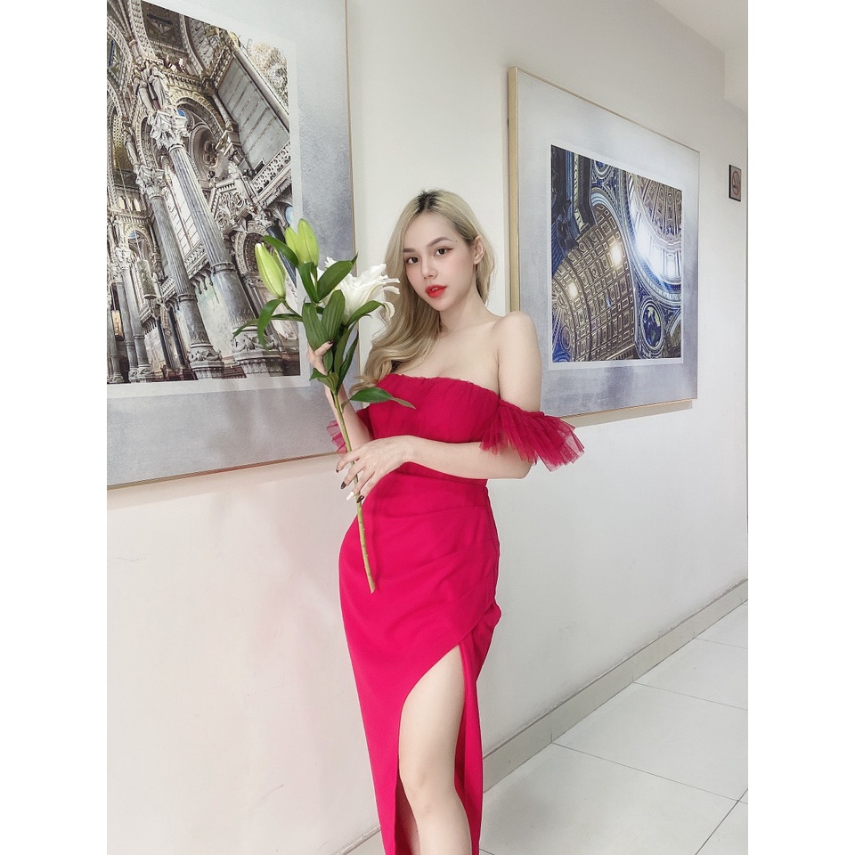 Đầm ôm body xoè trễ phối lưới tôn dáng cúp ngực phối lưới trễ vai tay ngắn xẻ tà đùi sexy ulzzang đỏ hồng hở lưng