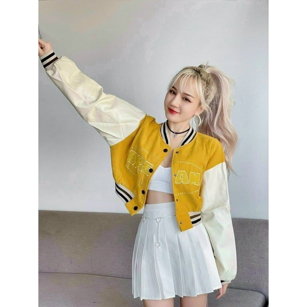 Áo khoác bomber bóng chày lửng croptop da lộn 2 lớp thêu dream unisex ulzzang nam nữ