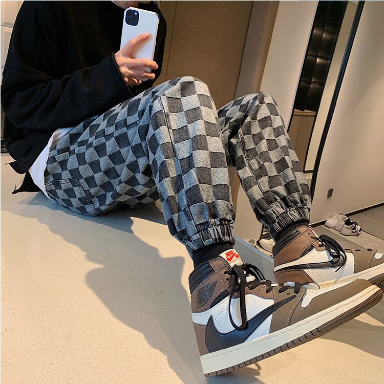 Quần Jeans Dài Ống Rộng Họa Tiết Sọc Caro Phong Cách Hàn Quốc Cho Nam