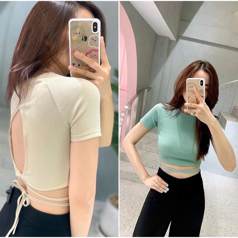 ÁO CROPTOP CỔ TRÒN TRƠN KHOÉT LƯNG HÌNH GIỌT NƯỚC BUỘC DÂY EO, DÂY QUẤN BỤNG HOT TREND, Chizishop