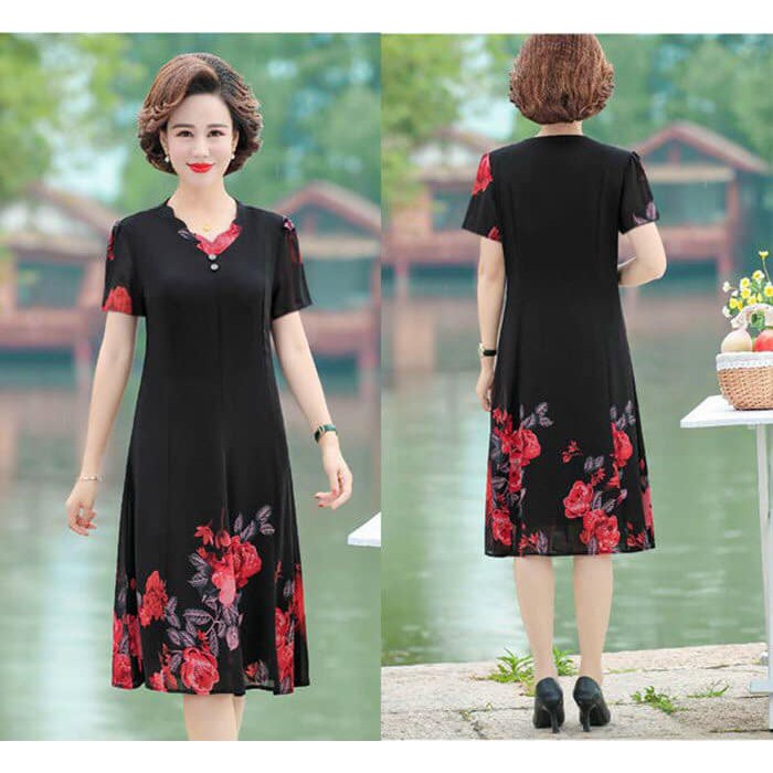 Đầm dự tiệc trung niên - Đầm suông 8 mảnh in hoa đính nút
